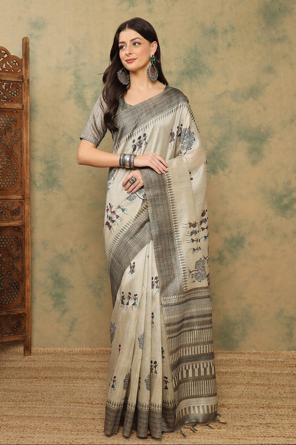 944005 Cotton Silk Warli Print Saree with Kantha Embroidery Border | Soft & Elegant Look