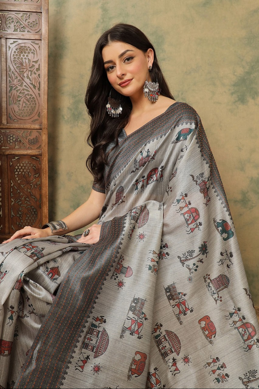 944003 Cotton Silk Warli Print Saree with Kantha Embroidery Border | Soft & Elegant Look