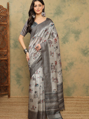 944003 Cotton Silk Warli Print Saree with Kantha Embroidery Border | Soft & Elegant Look