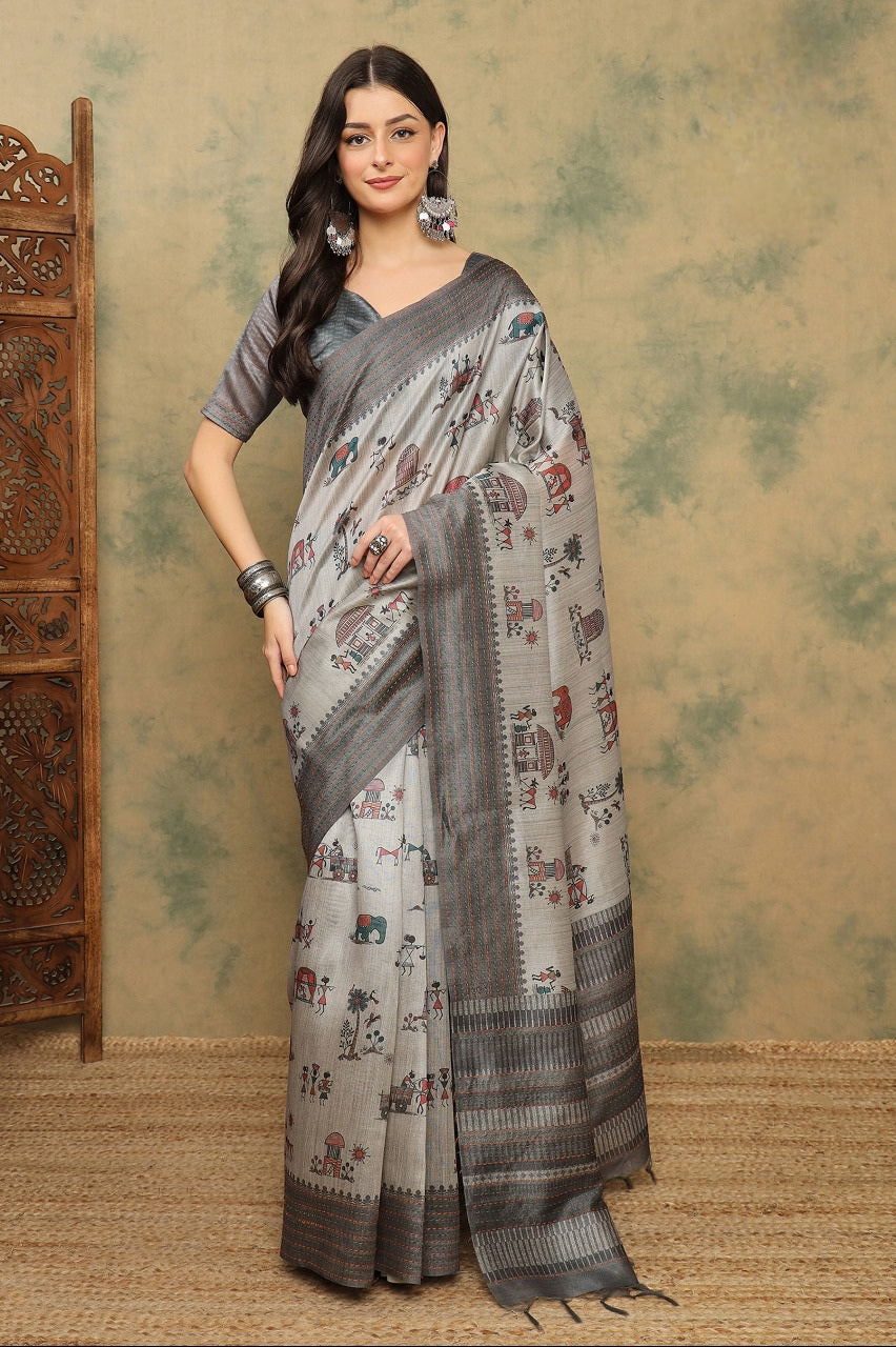944003 Cotton Silk Warli Print Saree with Kantha Embroidery Border | Soft & Elegant Look