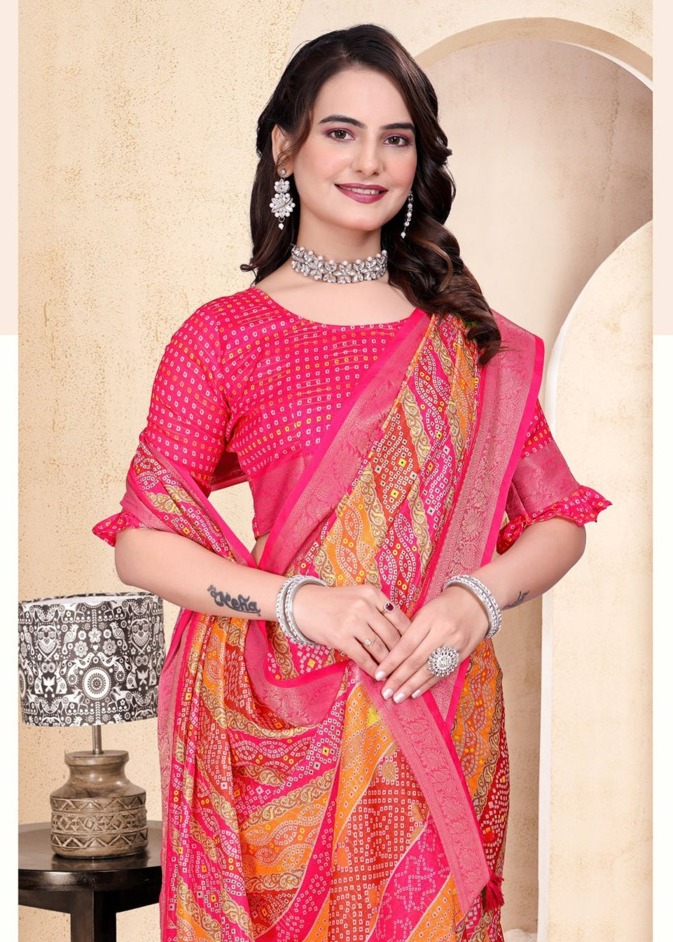 968006 Soft Semi Dola Silk Self Weaving Bandhani Print Saree with Banarasi Border