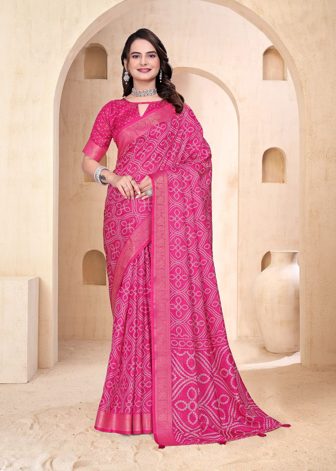 968004 Soft Semi Dola Silk Self Weaving Bandhani Print Saree with Banarasi Border