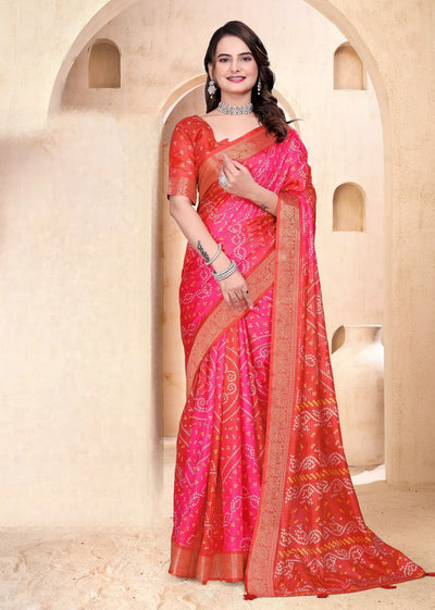 968003 Soft Semi Dola Silk Self Weaving Bandhani Print Saree with Banarasi Border