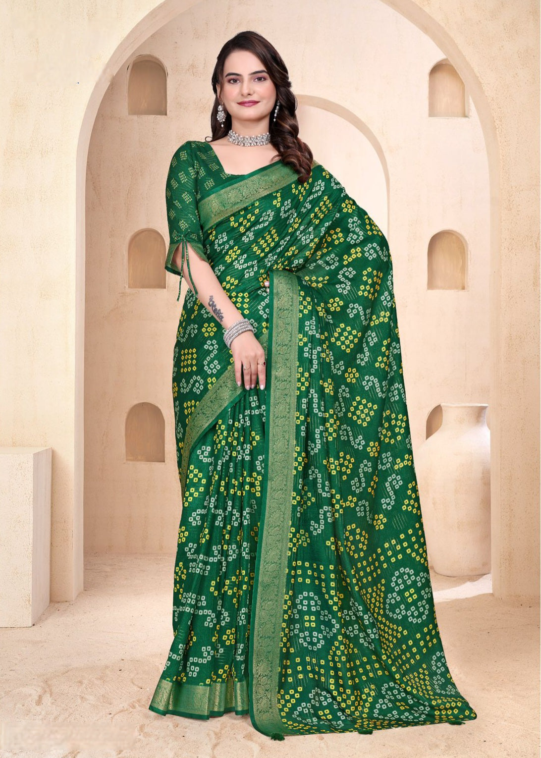968005 Soft Semi Dola Silk Self Weaving Bandhani Print Saree with Banarasi Border