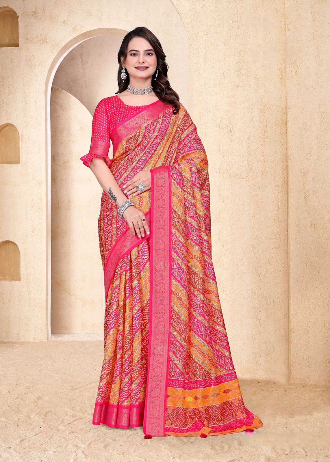 968006 Soft Semi Dola Silk Self Weaving Bandhani Print Saree with Banarasi Border