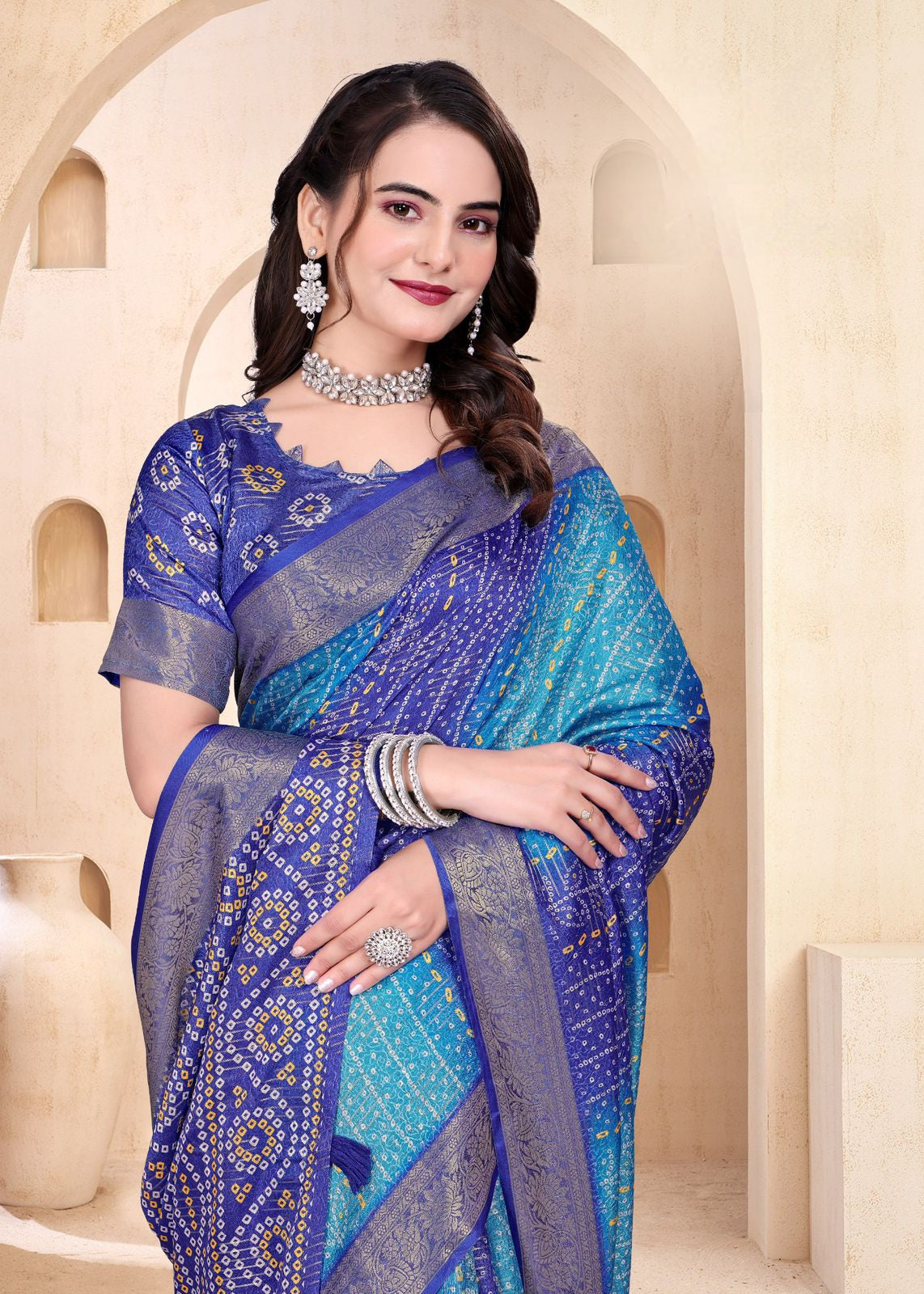 968001 Soft Semi Dola Silk Self Weaving Bandhani Print Saree with Banarasi Border