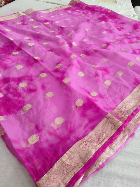 497005 Zari Weaving Shaded Organza Saree - Pink and Rani 325002