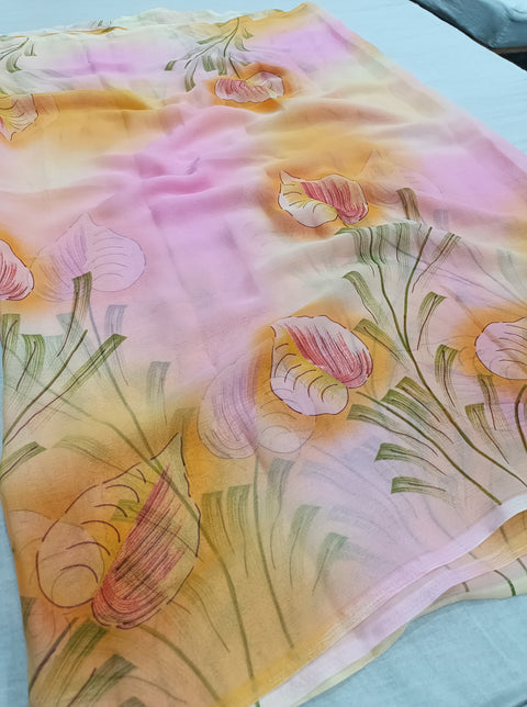 491004 Semi Chiffon Shaded Flower Printed Saree - Pink Peach