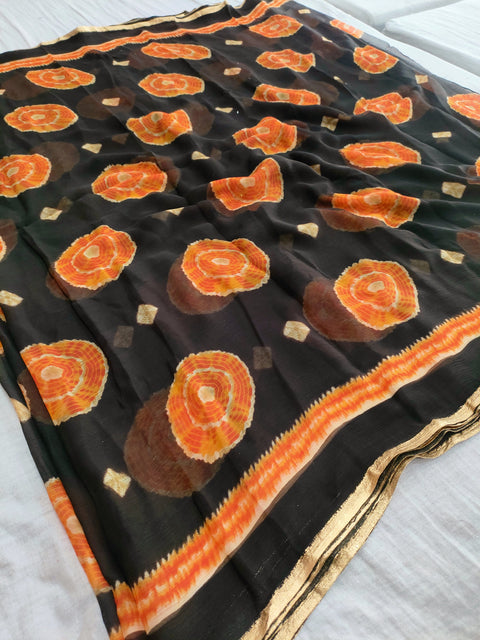 421003 Semi Chiffon Bandhani Saree - Black Orange