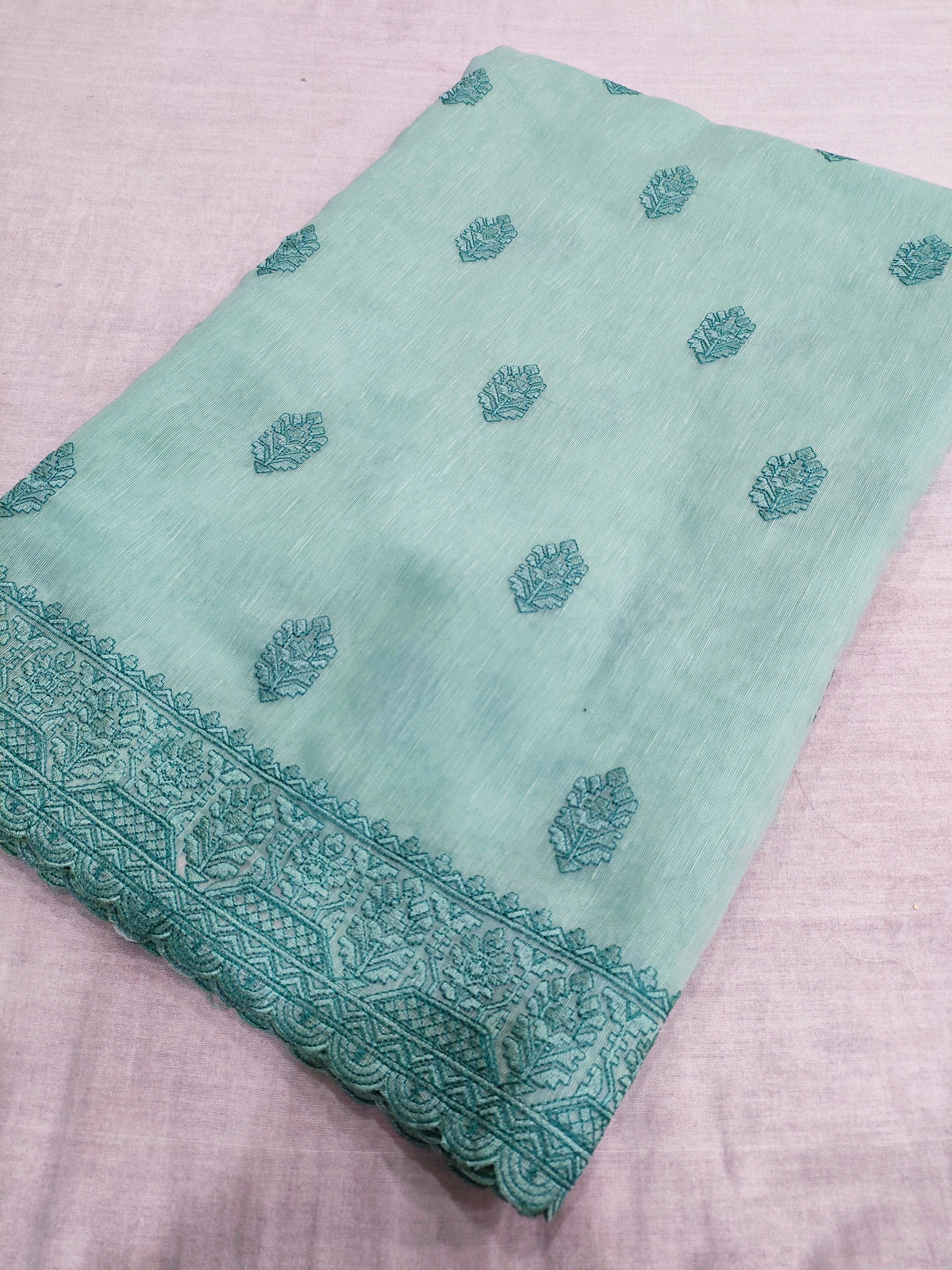423005 Pure Linen Saree with Kashmiri Embroidery