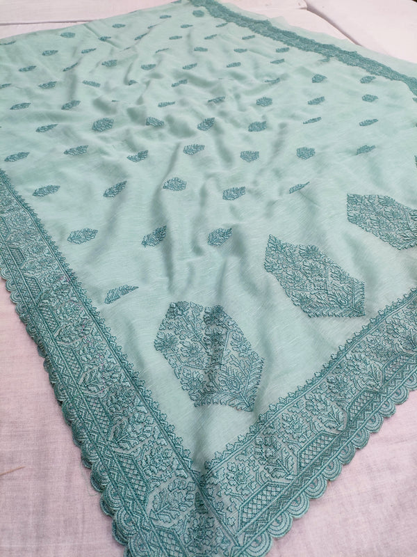 423005 कश्मीरी कढ़ाई के साथ शुद्ध लिनन साड़ी 