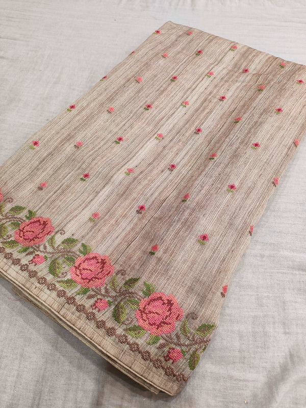 423007 Pure Linen Saree with Embroidery