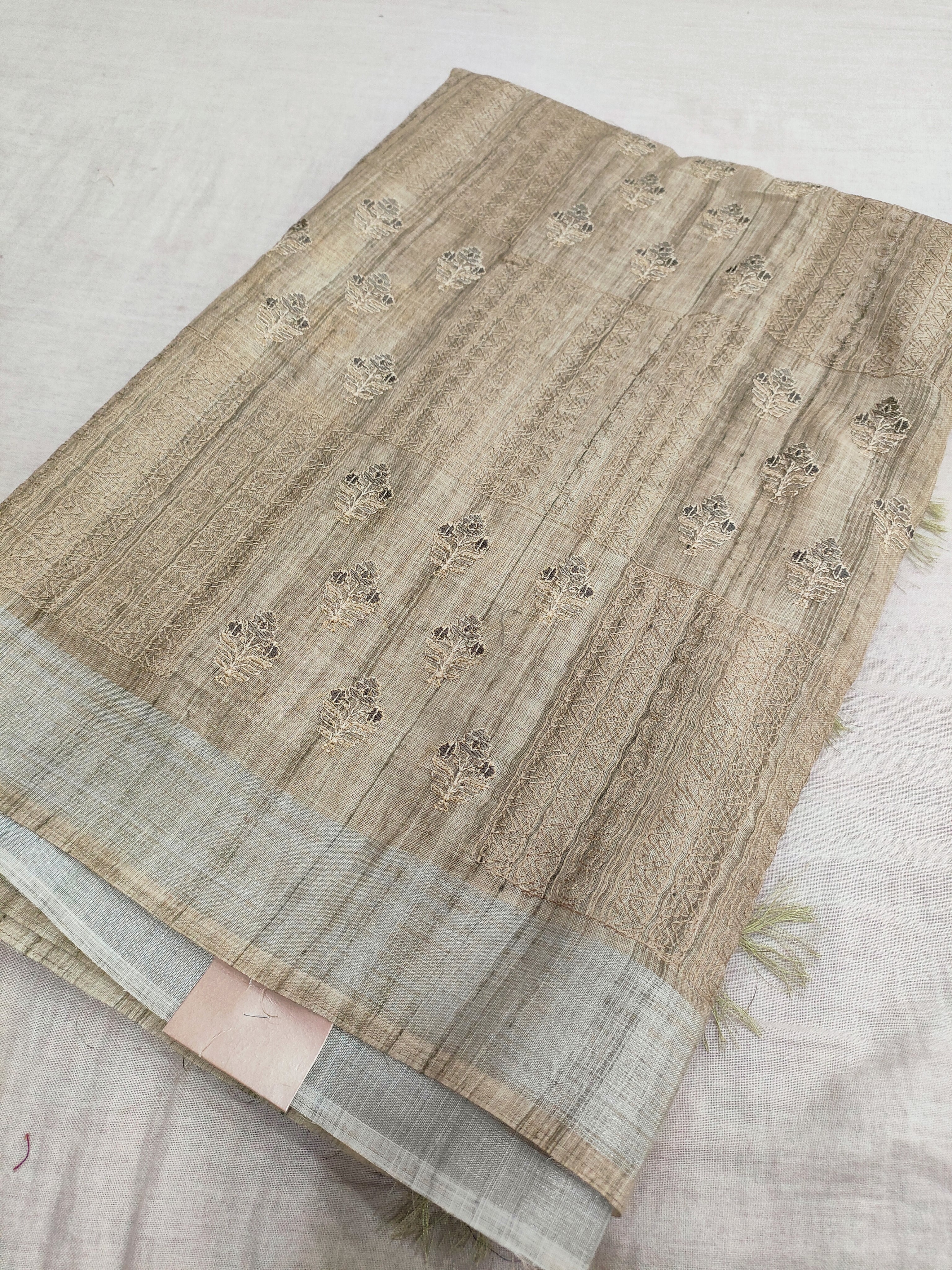 423002 Pure Linen Saree with Embroidery with White Zari Weaving Border beige