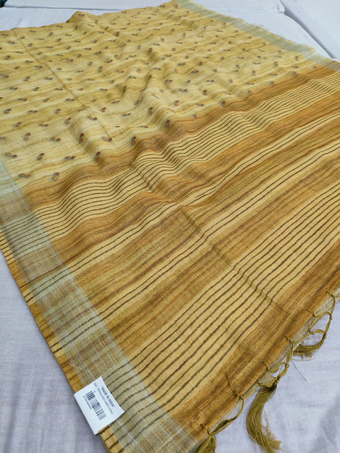 423004 Pure Linen Saree with Embroidery