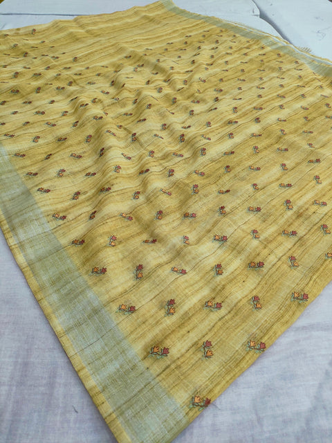 423004 Pure Linen Saree with Embroidery