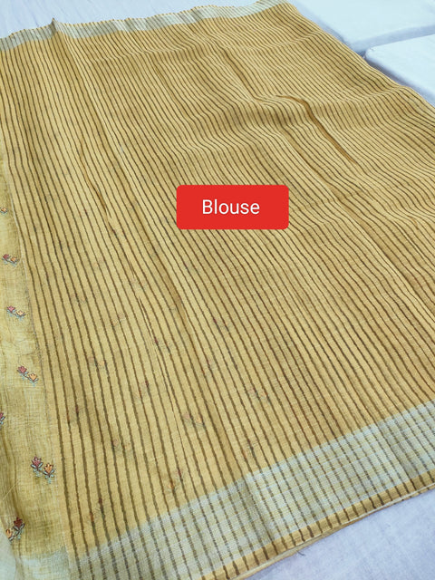 423004 Pure Linen Saree with Embroidery