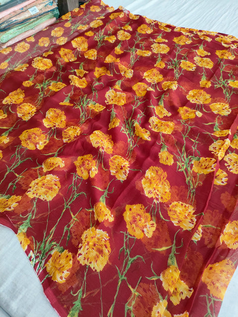 535009 Semi Chiffon Flower Print Saree - Red 424003