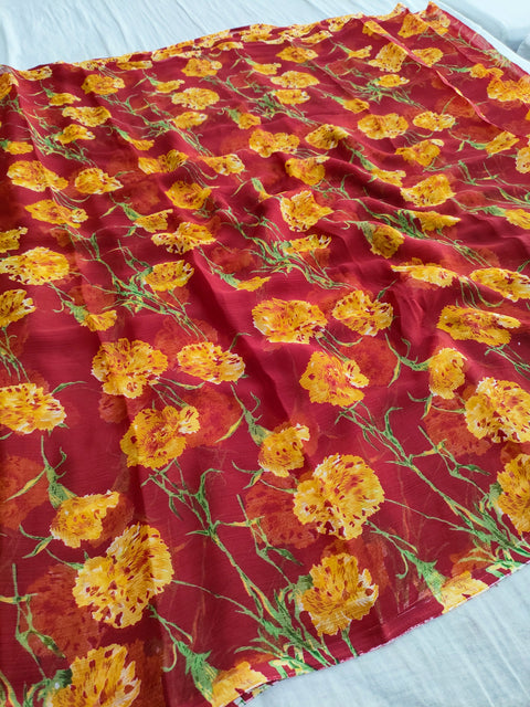 535009 Semi Chiffon Flower Print Saree - Red 424003