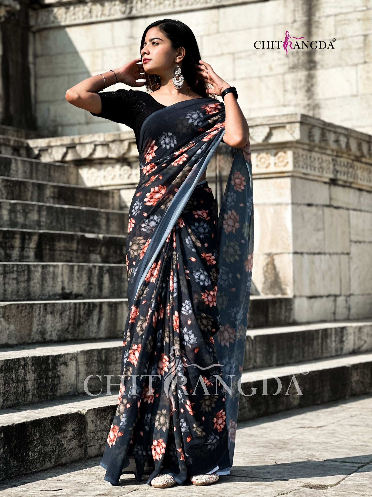 706003 Digital Flower Print Georgette Crepe Saree