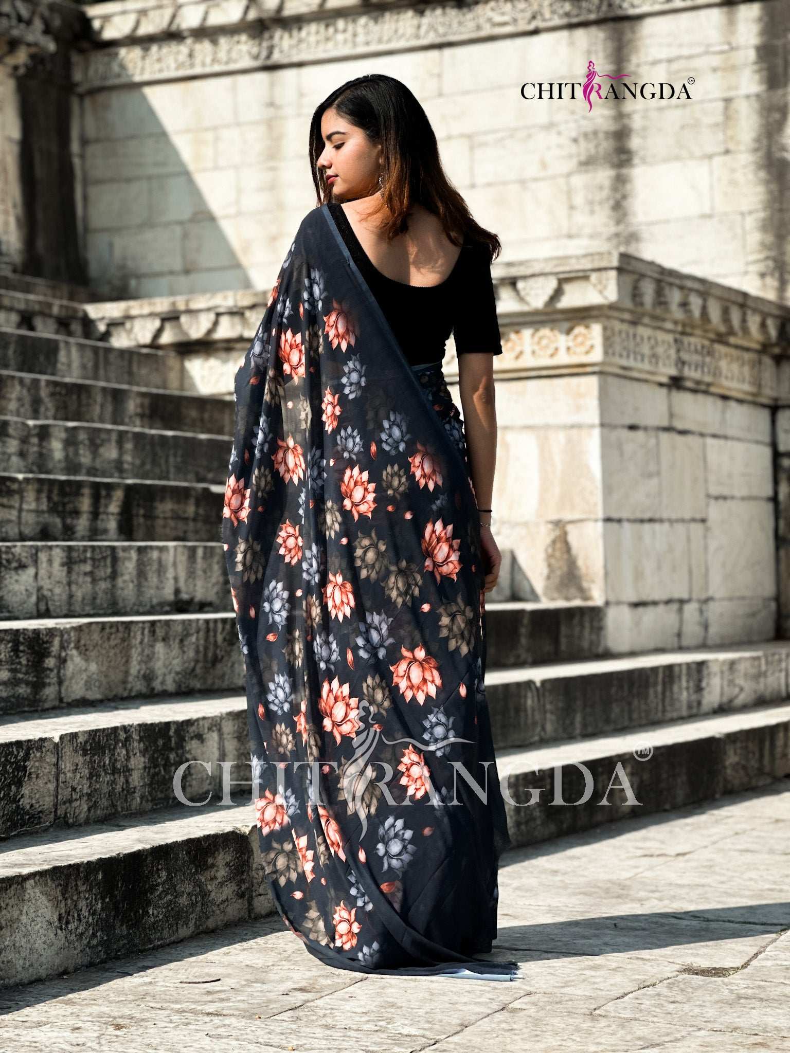 706003 Digital Flower Print Georgette Crepe Saree