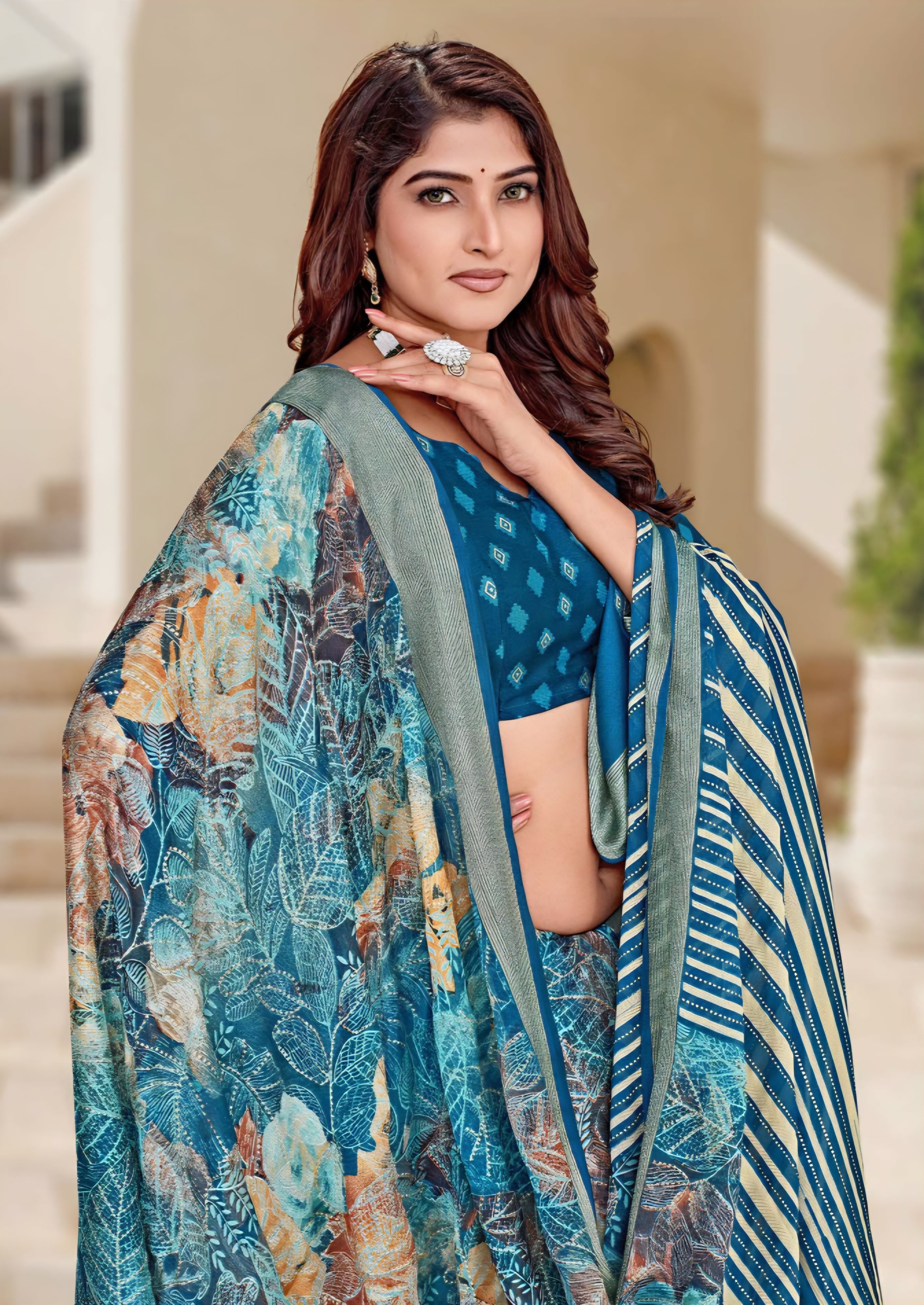 914004 Stylish Crepe Silk Digital Printed Saree - Teal