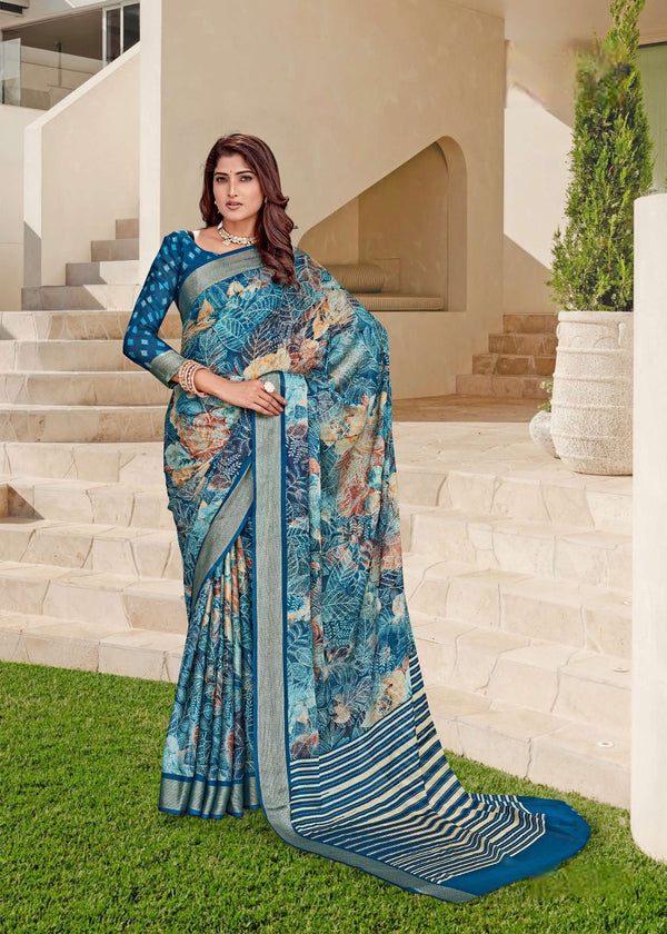 914004 Stylish Crepe Silk Digital Printed Saree - Teal