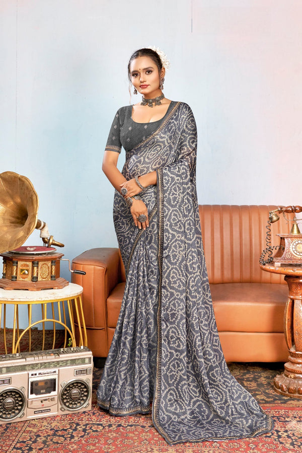 916003 Rajasthani Bandhani with Border - Gray