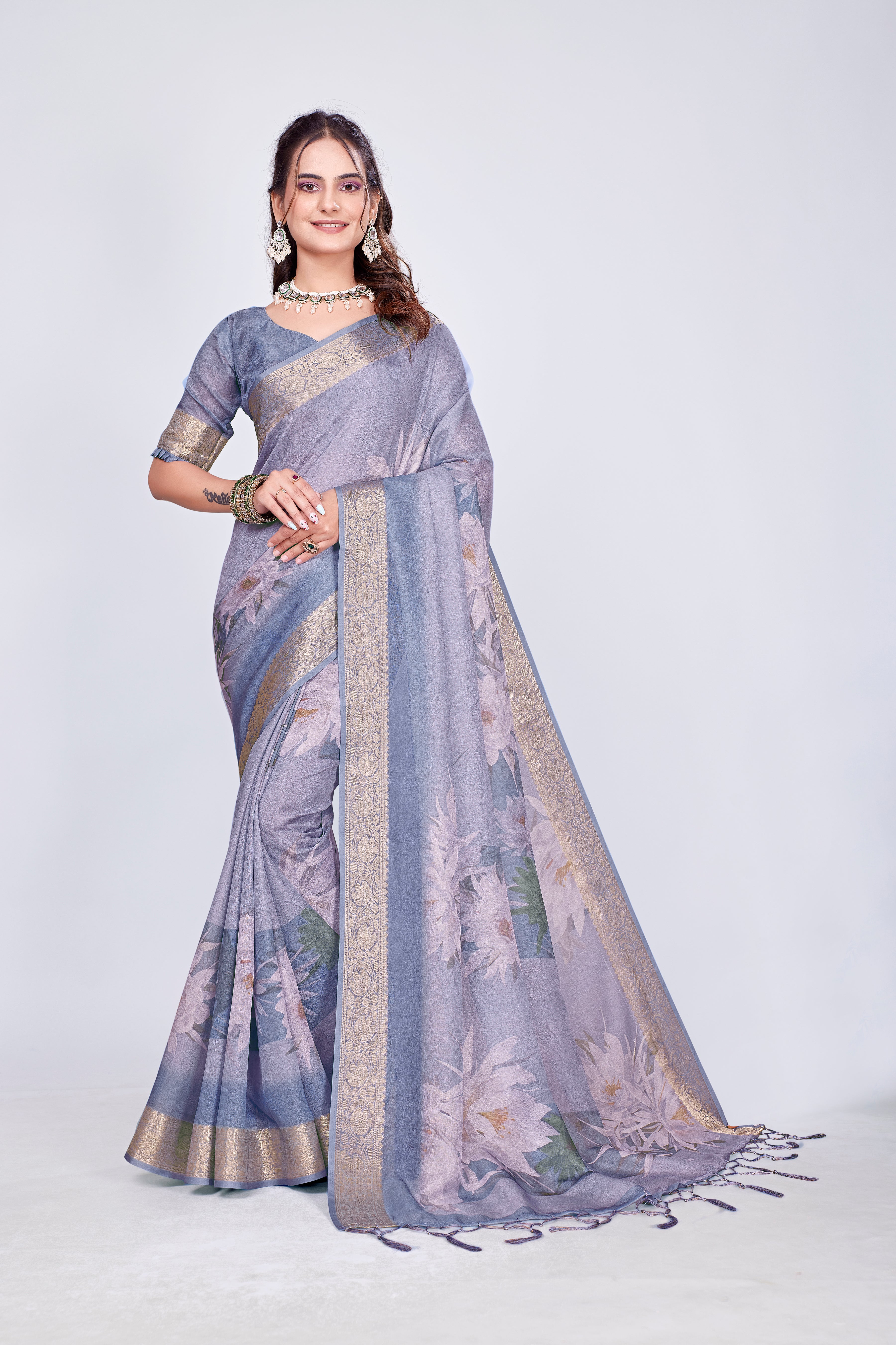 955009 Exclusive Digital Printed Crepe Silk Saree with Satin Border