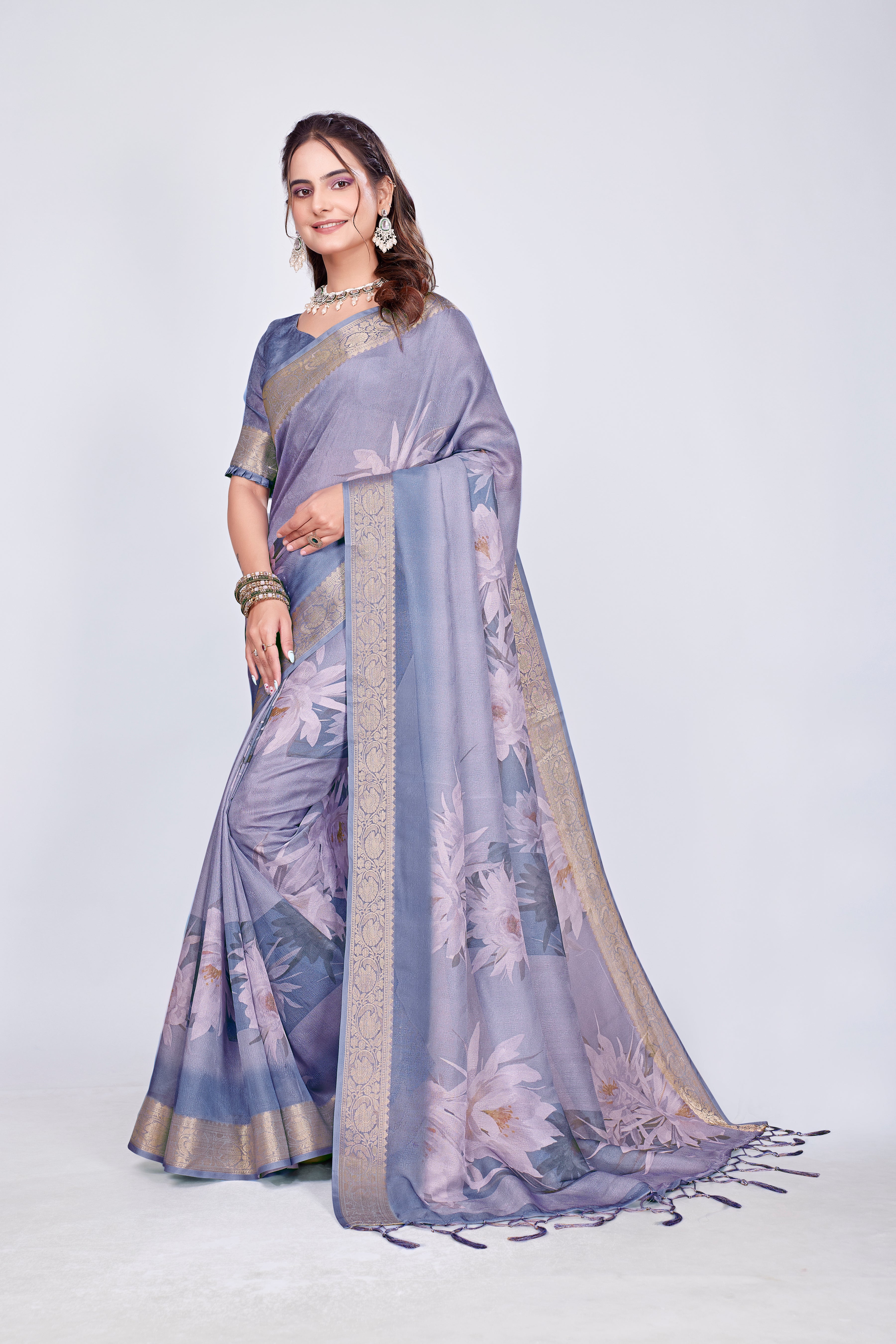 955009 Exclusive Digital Printed Crepe Silk Saree with Satin Border