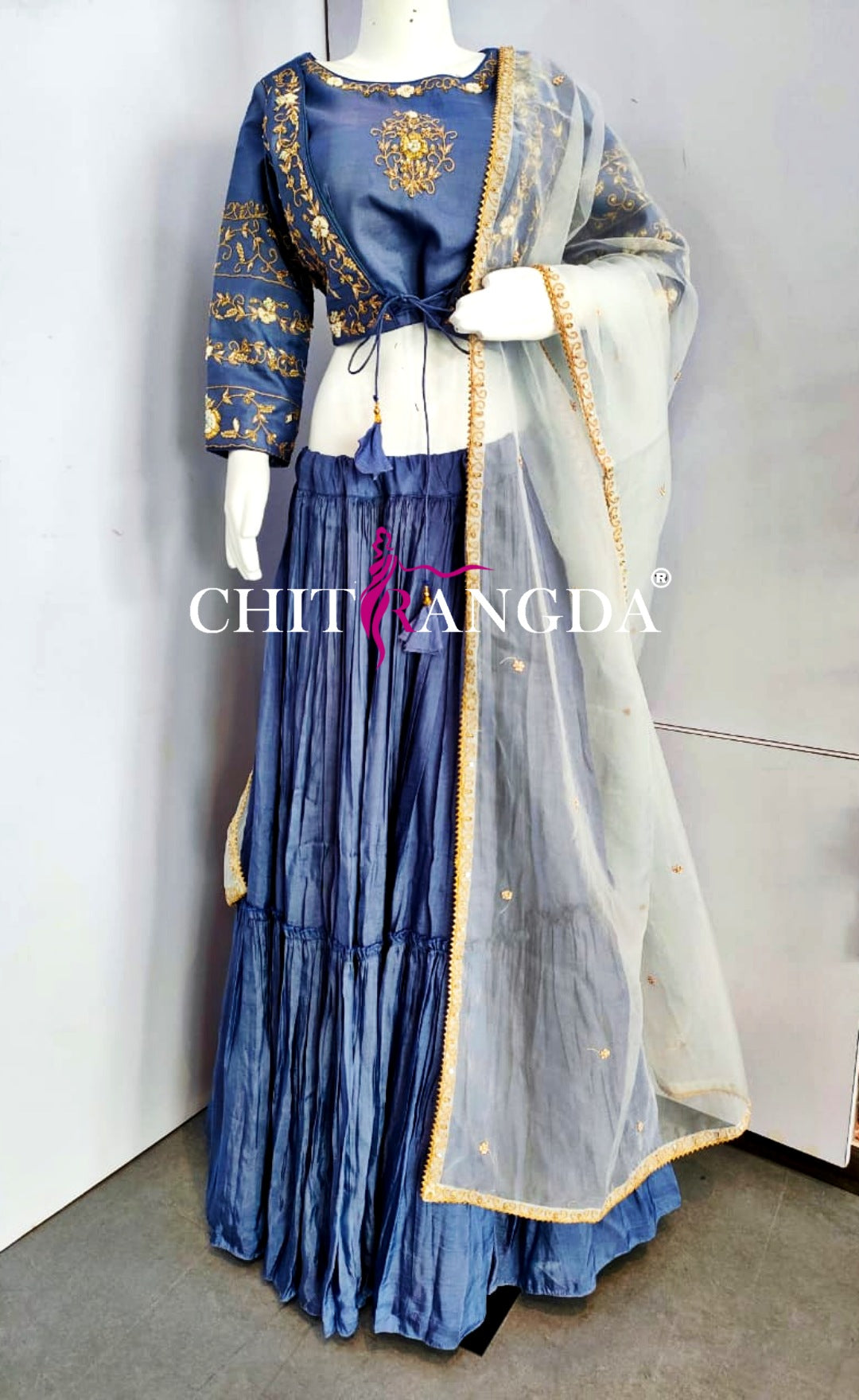 152004 Trendy Light Crop Top Lehenga with Organza Dupatta