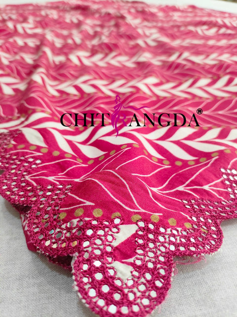 147002 Premium Designer Hand Printed Saree With Hand Mirror and Cut Work