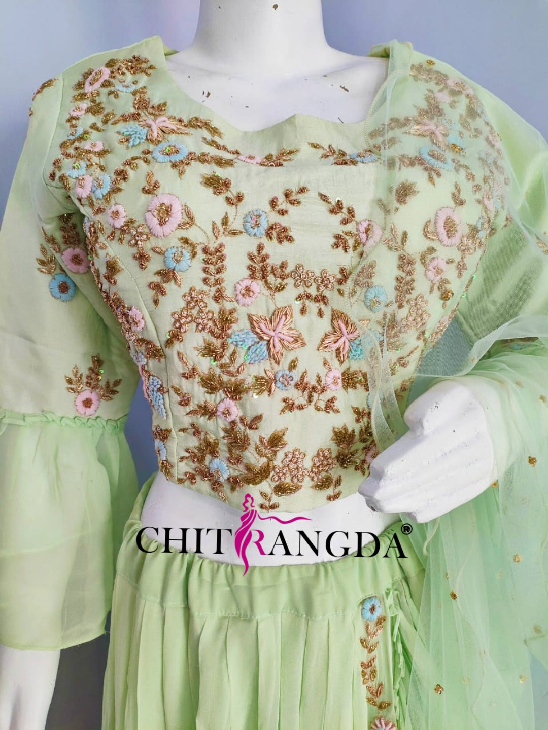 152005 Trendy Light Green Crop Top Lehenga with Net Dupatta