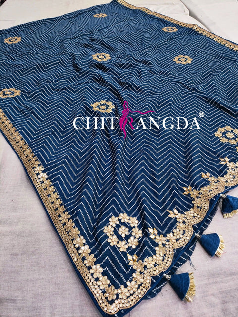 147005 Premium Designer Bandhani Printed Saree With Hand Gota Work