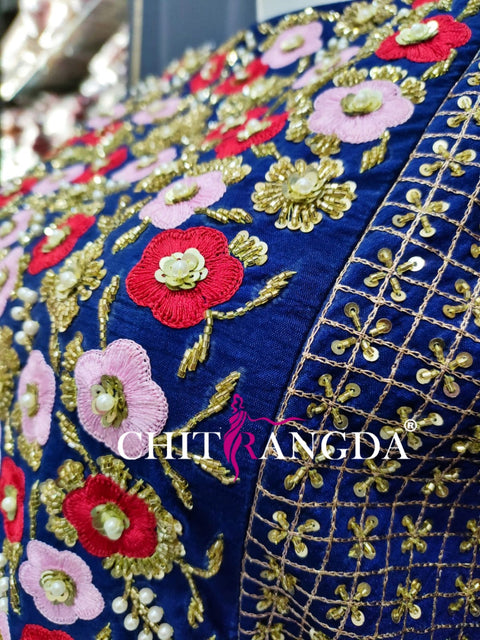 Designer Heavy Chinon Silk Blue Gown With Hand Work
