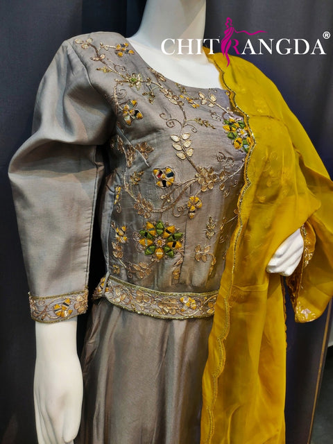 Designer Heavy Russian Silk Gown with Organza Dupatta