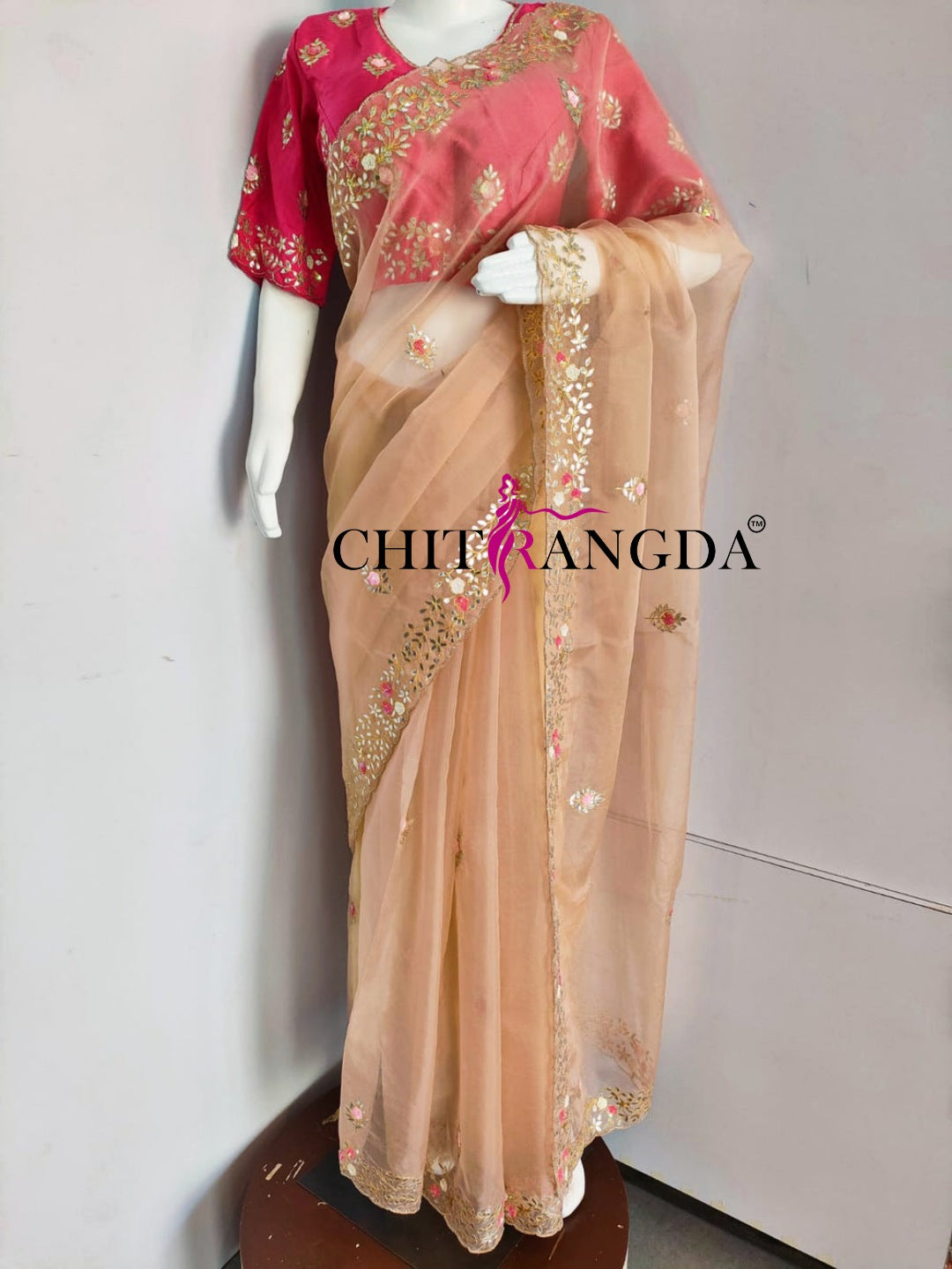 145001 डिज़ाइनर ऑर्गेना साड़ी गोटा वर्क विद स्टिच ब्लाउज 