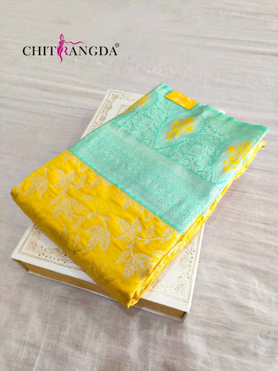 713003 Pure Banarasi Silk Yellow And Aqua Green Color Saree -
