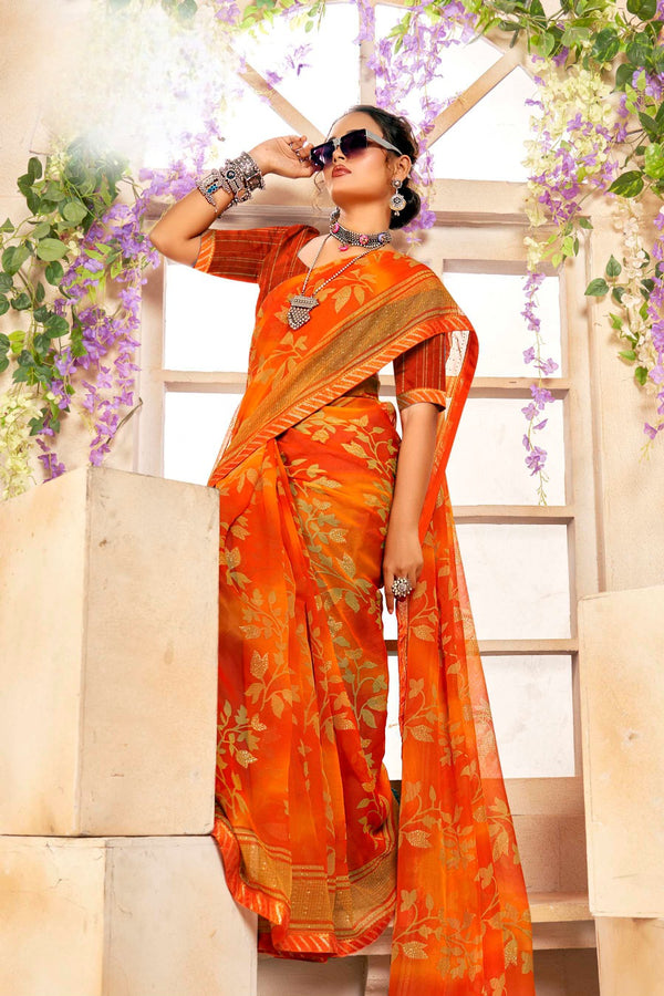 916005 Chiffon Crepe Silk Printed Saree - Orange