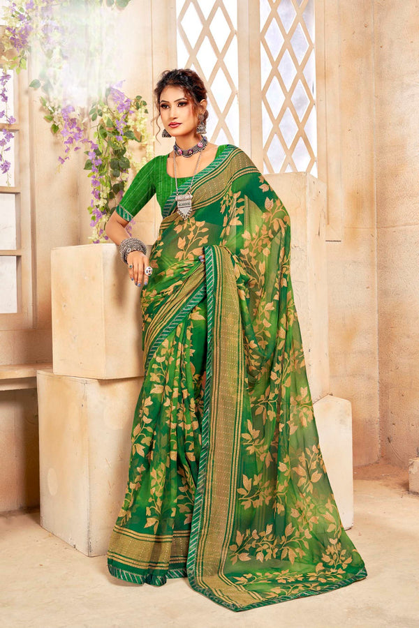 916005 Chiffon Crepe Silk Printed Saree - Green