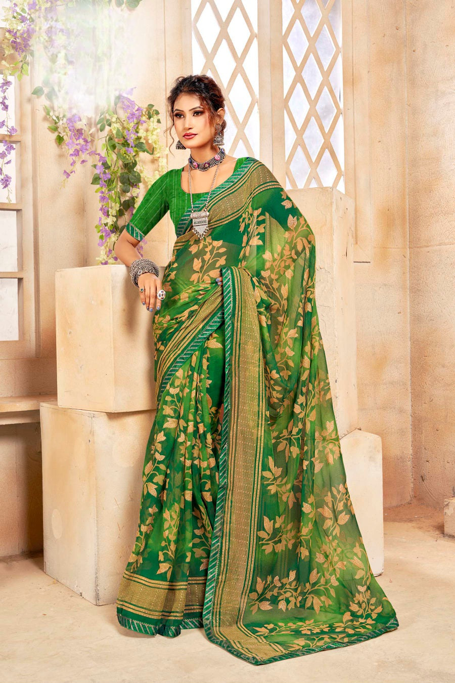 916005 Chiffon Crepe Silk Printed Saree - Green