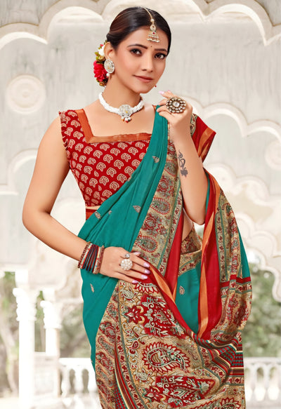 914001 Very Soft and Premium Looking Cotton Saree with Zari Border - Teal