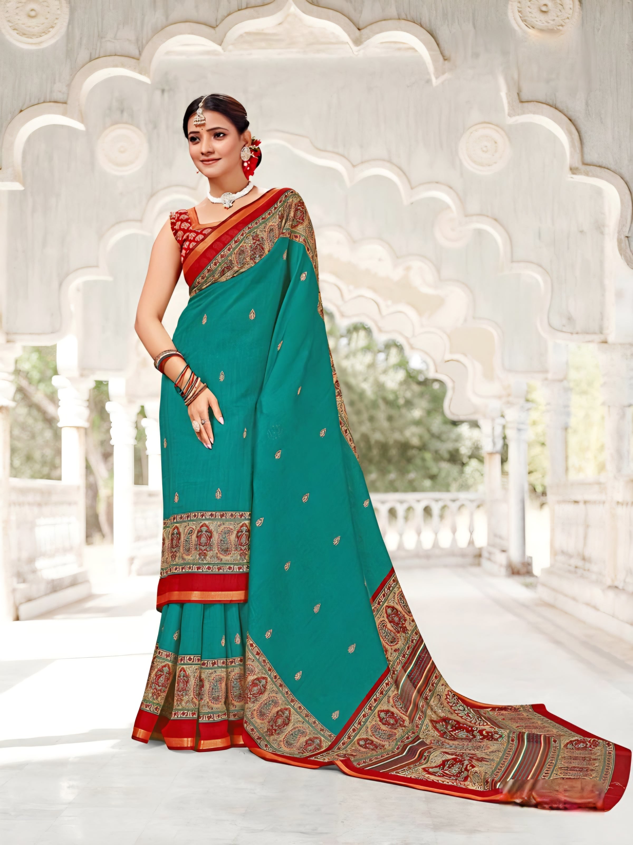 914001 Very Soft and Premium Looking Cotton Saree with Zari Border - Teal