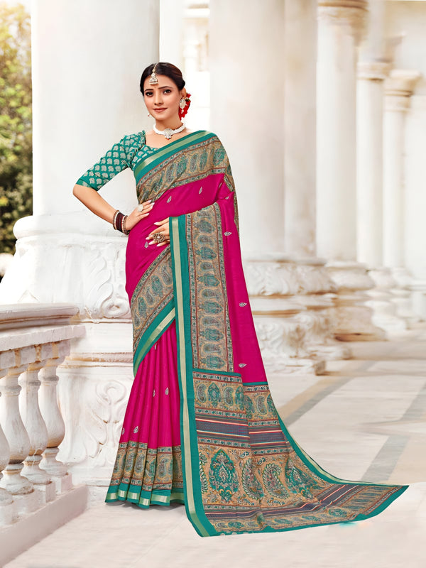 914001 Very Soft and Premium Looking Cotton Saree with Zari Border - Rani