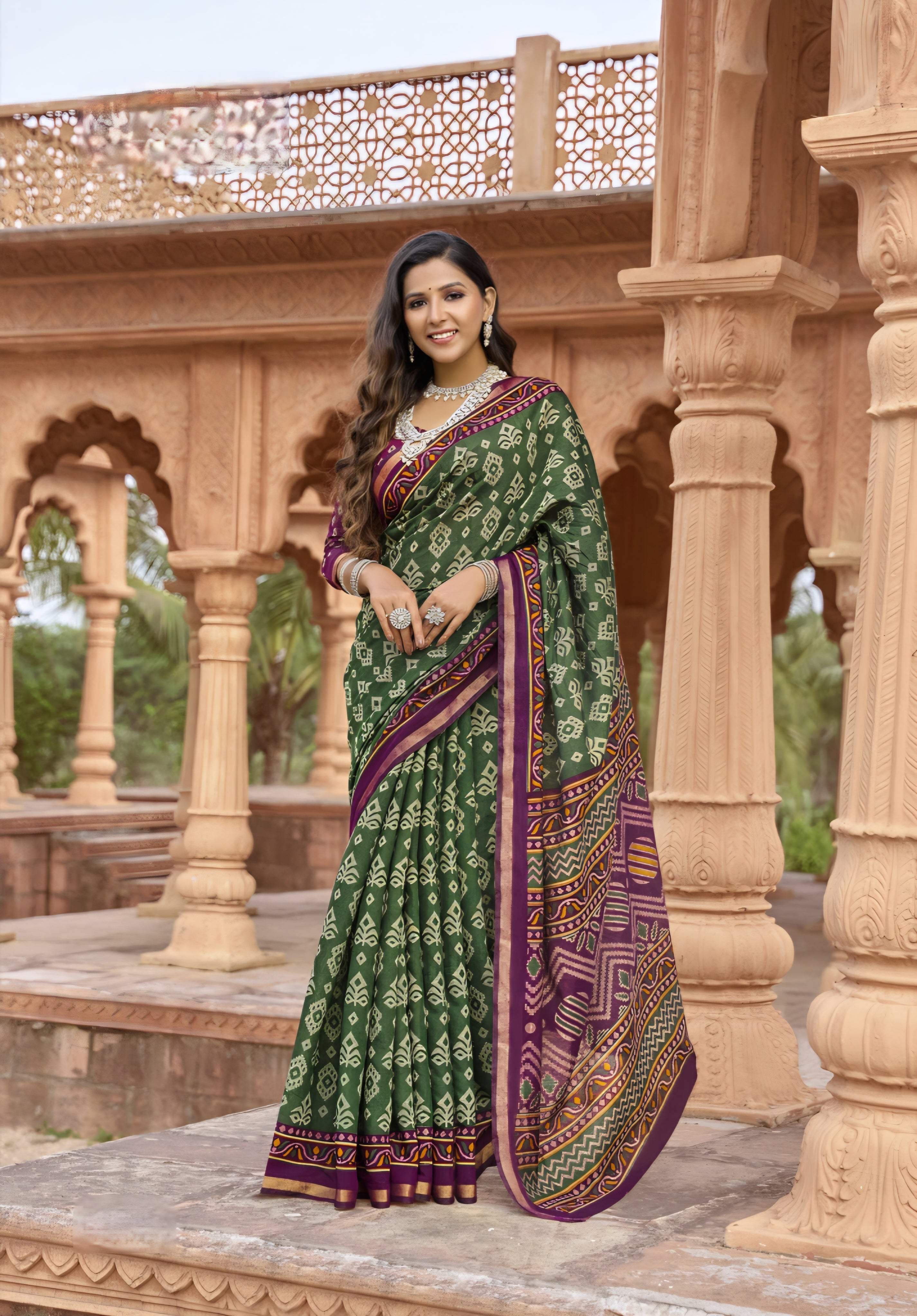 913007 Patola Print Soft Cotton Silk Saree with Small Zari Border -