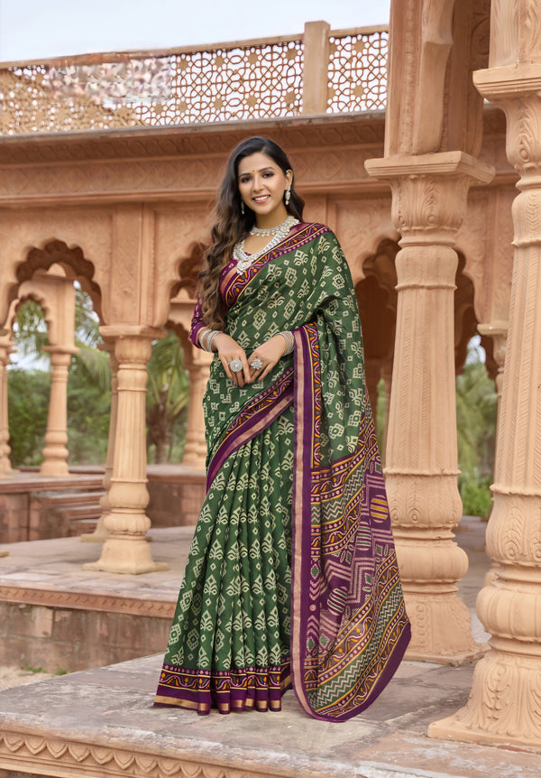 913007 Patola Print Soft Cotton Silk Saree with Small Zari Border -