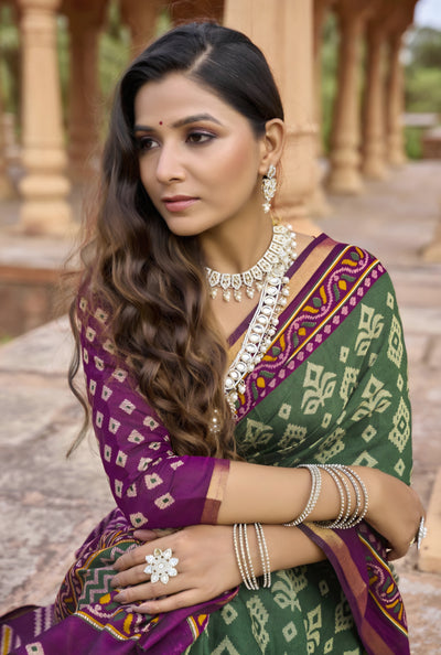 913007 Patola Print Soft Cotton Silk Saree with Small Zari Border -