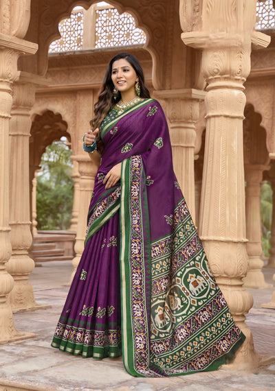 913002 Patola Print Soft Cotton Silk Saree with Small Zari Border -