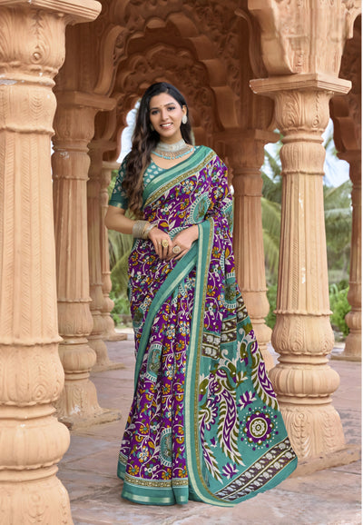 913008 Patola Print Soft Cotton Silk Saree with Small Zari Border -