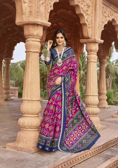 913005 Patola Print Soft Cotton Silk Saree with Small Zari Border -