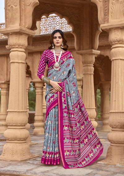 913004 Patola Print Soft Cotton Silk Saree with Small Zari Border -